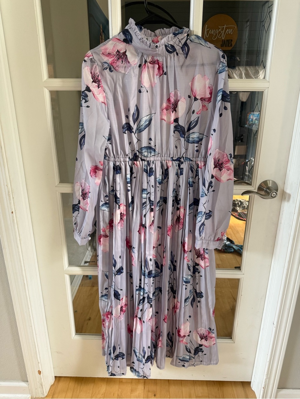 High-Neck Floral Long Sleeve Midi Dress in Lavender and Pink